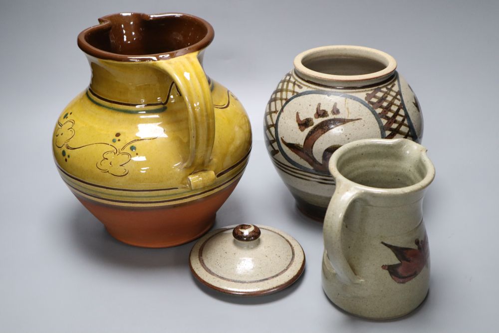 Two studio pottery jugs, one by Paul Barron of Farnham and a lidded jar, by Jonathan Chiswell Jones of Hankham